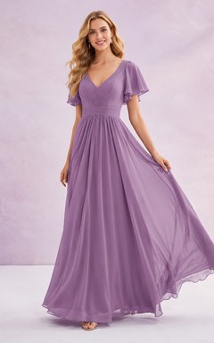 Vestido de fiesta formal largo hasta el suelo, de gasa, corte A, escote en V y mangas con volantes, color lavanda romántico.