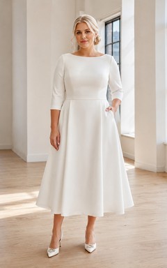 Schlichtes Brautkleid in Übergröße aus Satin mit U-Boot-Ausschnitt, Dreiviertelärmeln, Taschen und A-Linien-Schnitt in Teelänge