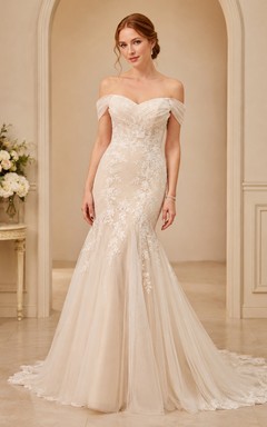Lace Tulle Wedding Dress Mermaid Off Shoulder Sweep Train Bridal Gown