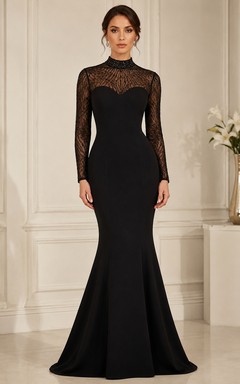 Black Lace Illusion Long Sleeve Mermaid Dress
