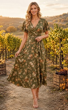 Olive Floral V Neck Short Sleeve Vineyard Midi Dress