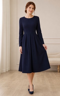 Robe midi plissée à manches longues bleu marine pour cérémonie commémorative