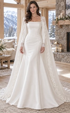 Vestido de novia de invierno con capa de satén, cuello cuadrado, manga larga y borde de encaje, estilo sirena.
