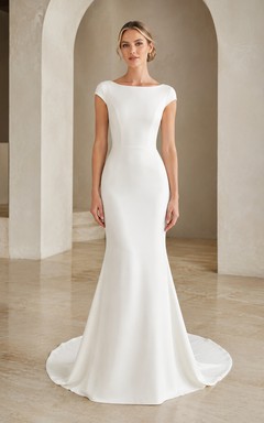 Modern Satin Bateau Cap Sleeve Mermaid Deep V Wedding Dress