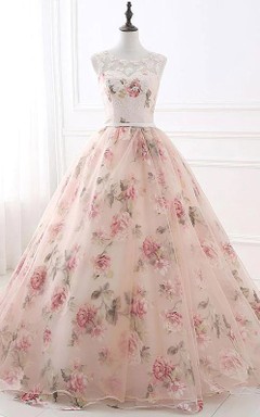 Vestido de fiesta de gala sin mangas con escote redondo y corte imperio, estampado floral