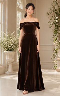 Schokoladenbraunes Brautjungfernkleid, A-Linie, schulterfrei, kurze Ärmel, Blütenblatt-Samtschleife, elegant
