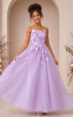 Lavendelfarbenes Brautjungfernkleid, A-Linie, Spaghettiträger, ärmellos, Tüll, Blumenmuster, romantisch