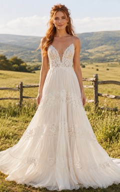 Country Lace Tulle Wedding Dress A-Line Spaghetti Strap Chapel Train Low V Back Bridal Gown