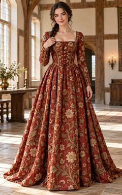 Robe de cérémonie médiévale vintage à col carré, manches longues et fleurs rouges et dorées.