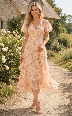 Peach Floral V Neck Flutter Sleeve High Low Guest Dress