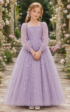 Lavender Tulle A-Line Flower Girl Dress with Short Sleeves, Jewel Neck, Tea-Length Skirt and Bow Detail