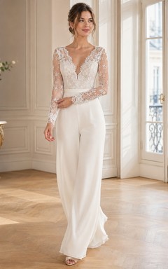 Romantic Deep V Long Illusion Lace Sleeve Wide Leg Wedding Jumpsuit