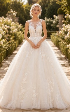 Vestido de novia de corte A con cola catedral y apliques de encaje de manga larga