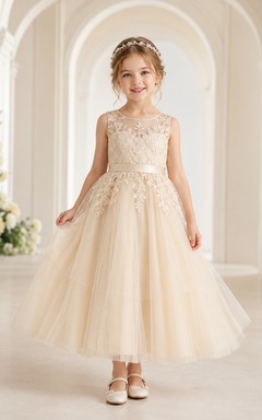 Flower Girl Dress Champagne Lace Tulle A-Line Jewel Neck Tea Length