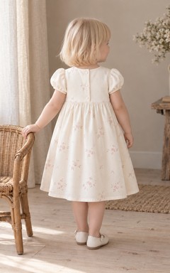Simple Modest Cream Knee Length Tiny Floral Compact Puff Sleeve Flower Girl Dress