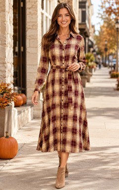 Vestido midi de manga larga con cuello camisero a cuadros burdeos para otoño