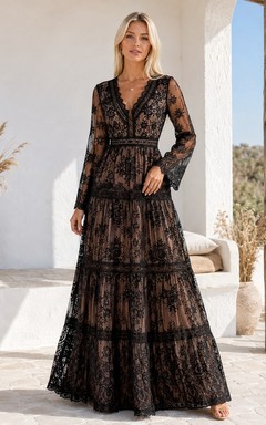 Boho Black V-neck Long Sleeve Tiered Lace Evening Dress
