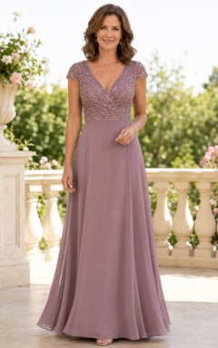Vintage, mauvefarbenes Luxus-Chiffonkleid in A-Linie für die Mutter der Braut, bodenlang, mit V-Ausschnitt, paillettenbesetztem Oberteil und kurzen Ärmeln