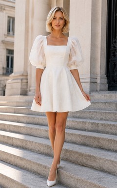 Short Puff Sleeve Square Neck A-Line Civil Courthouse Wedding Dress