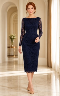 Dark Navy Lace Jewel Neck Long Sleeve Sheath Tea-Length Formal Dress