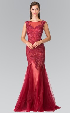 Mermaid Scoop-Neck Sleeveless Tulle Low-V Back Dress With Beading And Appliques