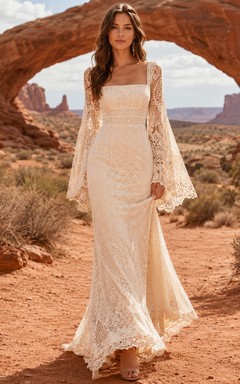 Wüsten-Boho-Spitzenkleid mit eckigem Ausschnitt und Glockenärmeln