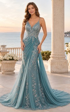 Silver Embroidered Sky Blue Spaghetti Tulle Mermaid Chapel Train Wedding Dress