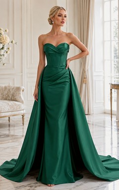 Emerald Green Strapless Sweetheart Draped Satin A-Line Split Front Wedding Gown