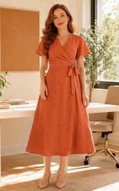 Terracotta short sleeve V-neck wrap linen summer office dress