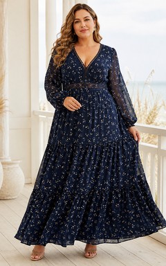 Vestido bohemio largo hasta el suelo, de gasa azul marino oscuro con estampado floral, cuello en V y mangas largas con volantes, talla grande.