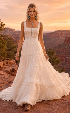 Western Rustic Tiered Tulle A-Line Wedding Dress With Train