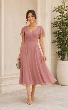 Dusty Rose V-neck Chiffon Tea-Length Dress