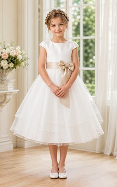 Blumenmädchenkleid aus champagnerfarbenem Tüll, A-Linie, Rundhalsausschnitt, Teelänge, Schleifendetail