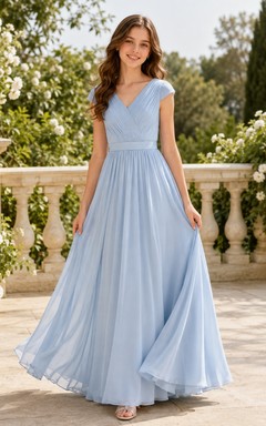 Mist Junior Bridesmaid Dress A-Line Floor-Length V-Neck Short Sleeve Cap Detail Romantic