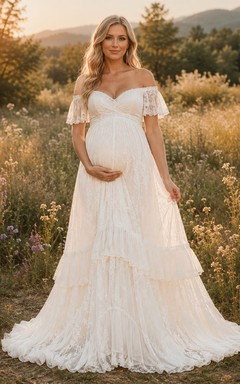 Maternity Wedding Dress Off Shoulder Flutter Sleeve Tiered Lace Bridal Gown