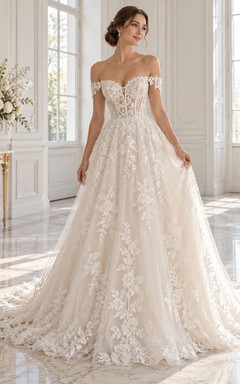Off Shoulder Sweetheart Large Floral A-Line Bridal Wedding Dress