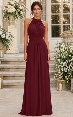 Burgundy Halter Chiffon A-Line Bridesmaid Dress