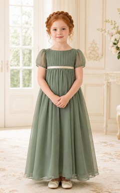 A-Line Regency Inspired Flower Girl Dress with Square Neckline, Puff Sleeves, Satin Waist, Full Tulle Skirt, Regency Garden Style