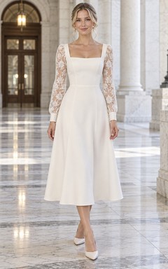 Robe de mariée simple à col carré, longueur thé, manches longues en dentelle, idéale pour une cérémonie civile