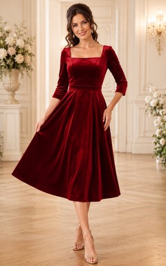 Robe midi trapèze en velours rouge à col carré et manches courtes