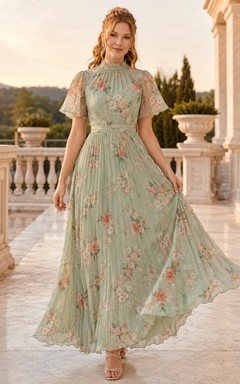 Robe longue trapèze en mousseline à col montant et manches courtes, imprimé floral sauge