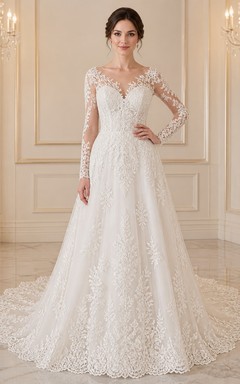 Vestido de novia catedral modesto de manga larga, corte A, estilo barco, con encaje floral y falda tipo catedral.