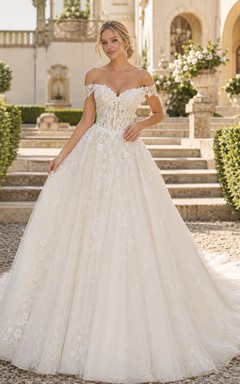 Robe de mariée raffinée en dentelle et tulle, épaules dénudées, manches courtes, traîne cathédrale, applications florales, fermeture éclair au dos