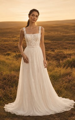 Square neck lace bodice flowing A-line outdoor wedding dress