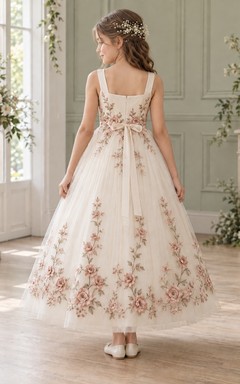 Square Neck Ivory Ankle-length Sleeveless Pink Floral Embroidered Tulle Flower Girl Dress