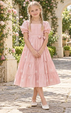 Blushing Pink Square Neck Puff Sleeve Tiered Flower Girl Dress