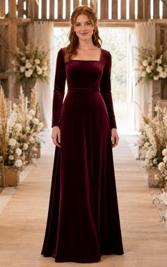 Robe de demoiselle d'honneur bordeaux en velours à manches longues et col carré, longueur au sol