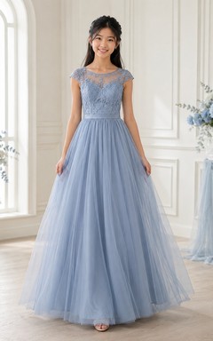 Stahlblaues Brautjungfernkleid für junge Damen, A-Linie, Rundhalsausschnitt, kurze Illusionsärmel, Spitze, Tüll, elegant, romantisch