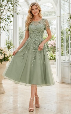 Sage Cap Sleeve Floral Applique Lace Tulle A-Line Tea-Length Dress