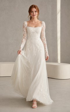 Square Neck Long Sleeve Lace Modern Studio Bridal Gown